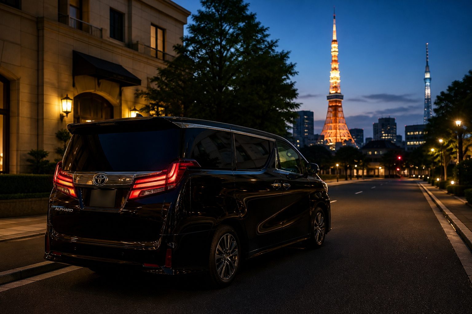 東京の街並みを背景にした山﨑タクシーの黒アルファード